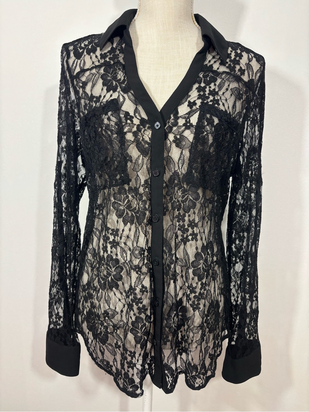 Express Portofino Shirt Sheer Black Lace Button-Up L/S Blouse Sz L Whimsy Goth
